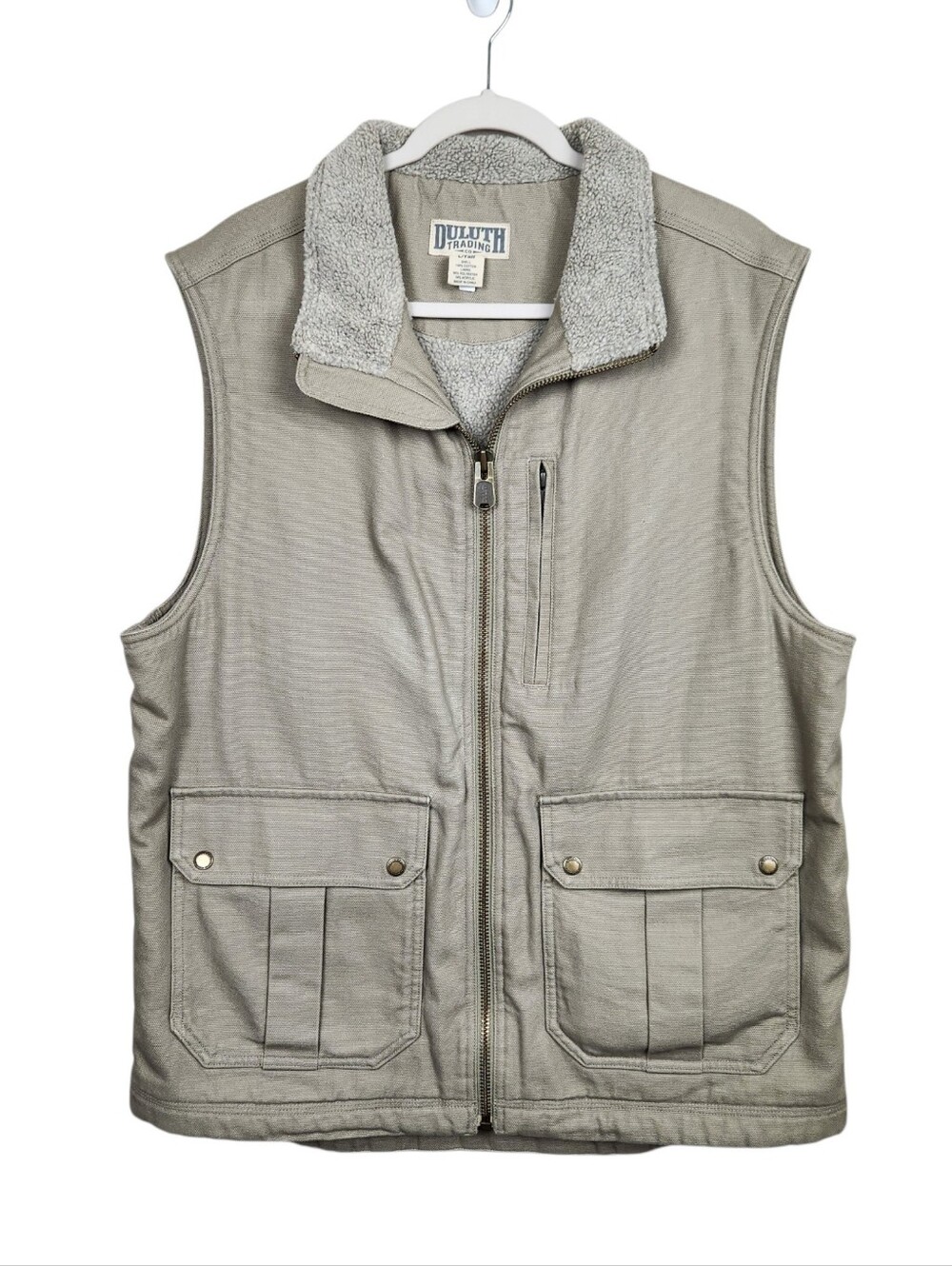 Duluth Trading Co Tan Sherpa Lined Canvas Vest Utility Mens Size Large Tall